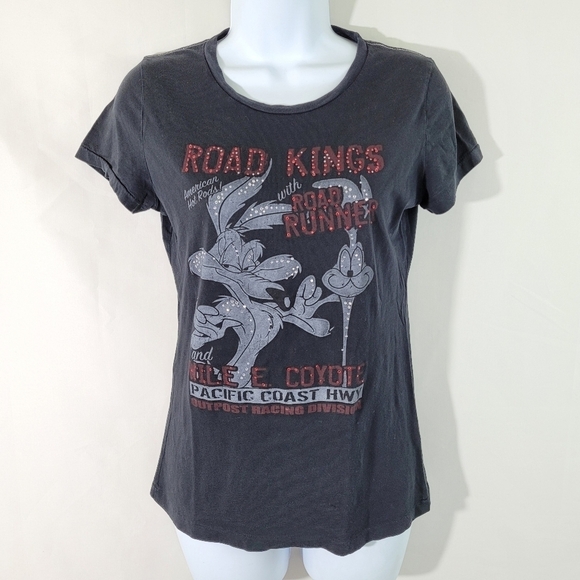 VTG LOONEY TUNES "Road Kings With Road Runner" Black Short Sleeve Tee Size L - Picture 1 of 12
